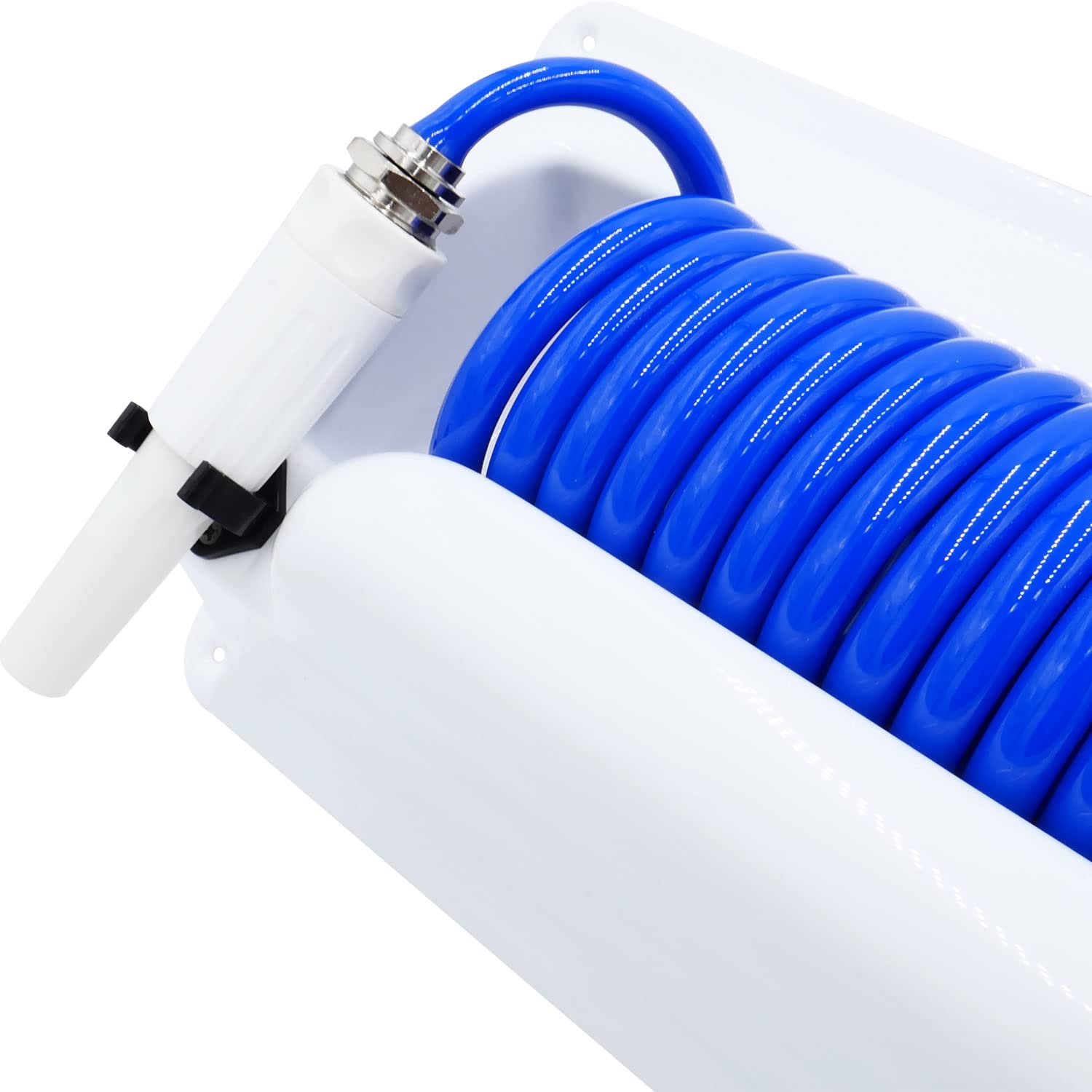 T-H Marine Coiled Hose Washdown System - 25' Wash Down Hose, Nozzle, Holder, 5' Supply Hose, and Brass Fittings - Kink Free Design and Compact Storage - Blue