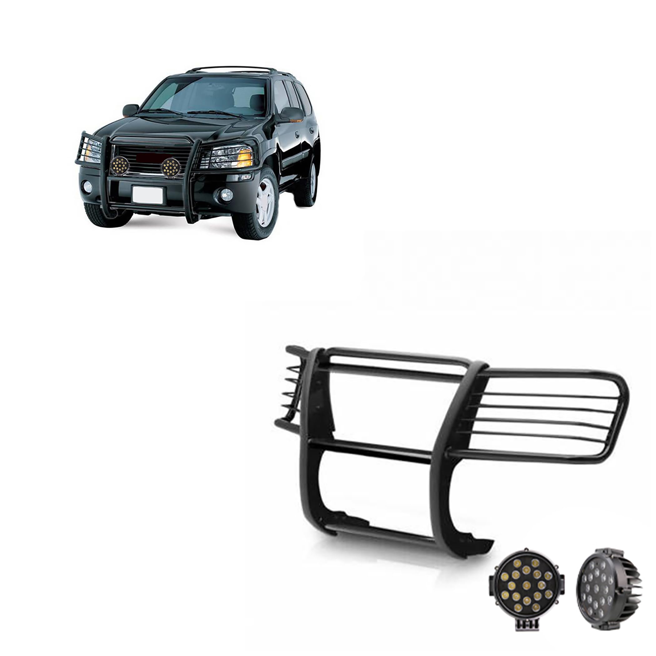 Bumper Guard Modular Black Horse Grille brush Come With pair of 7.0"Dia.LED Lights with Black Trim Rings Compatible with 2002-2006 GMC Envoy|2002-2006 GMC Envoy XL-17GD26MA-PLB