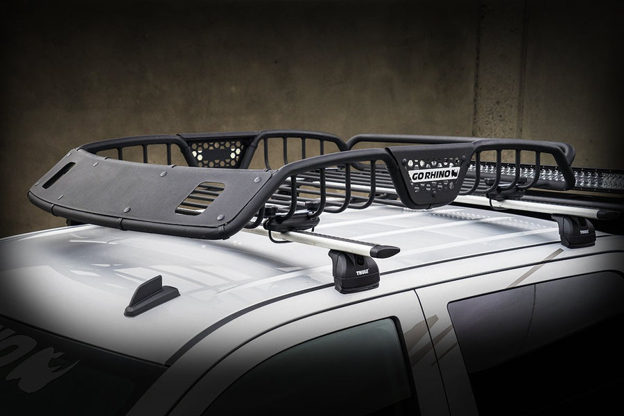 SR20 Roof Rack Go Rhino - Tubular Rack w/ 2x Light Mount Openings & Cross Bar Clamps | Mild Steel, Textured Black, L: 60" x W: 40" x H: 6" | 59027T