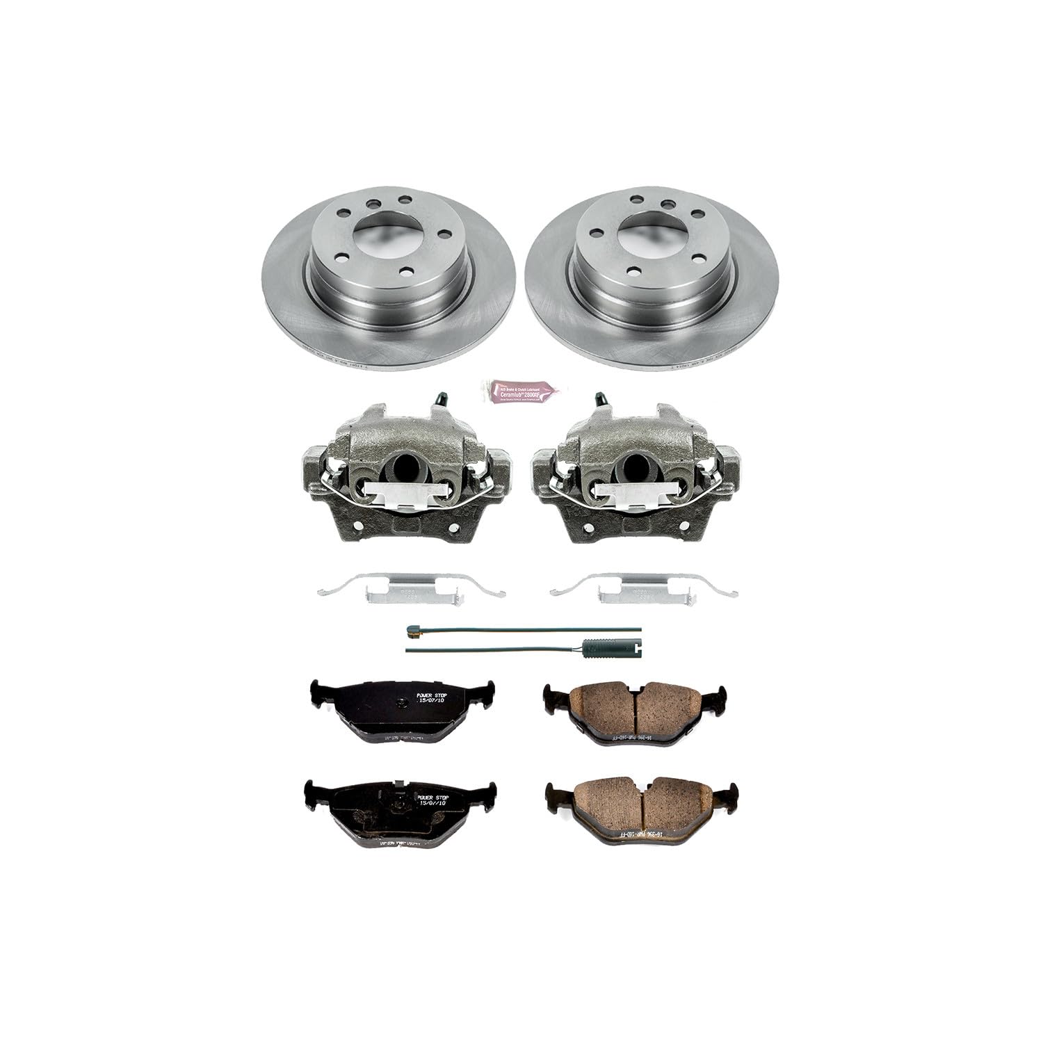 Power Stop Autospecialty KCOE3149 1-Click OE Replacement Brake Kit with Calipers and 1 Rear Sensor Wire For BMW 318i BMW 318is BMW 3 BMW 323is BMW 325i BMW 325is BMW 328i BMW 328is [Model Specific]