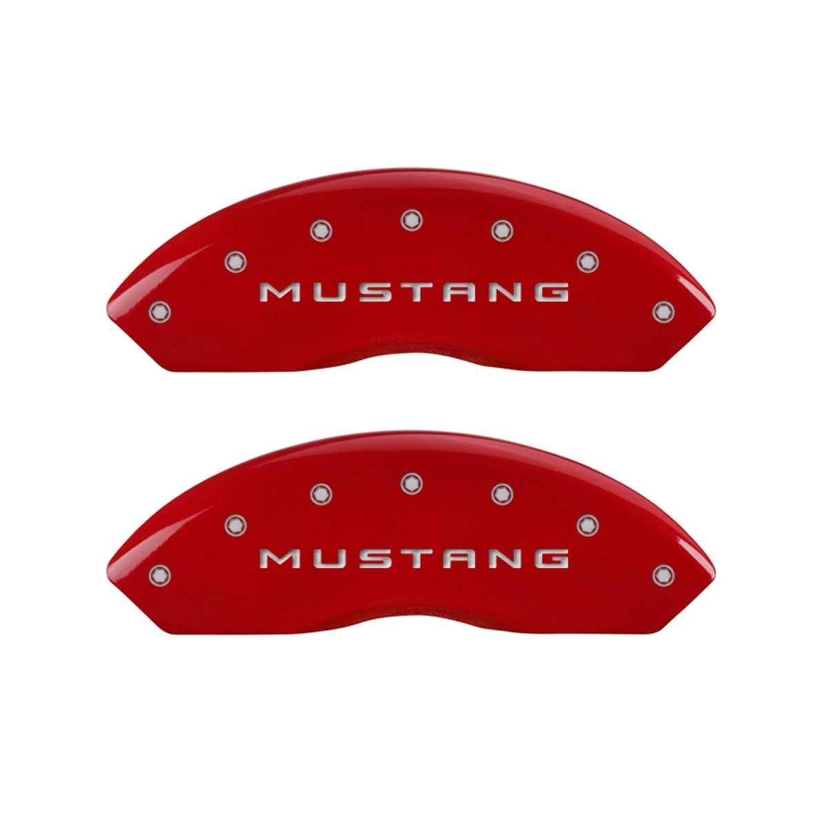 SET OF 4 CALIPER COVERS, REAR: 37, FRONT: MUSTANG- SILVER CHARACTERS, RED