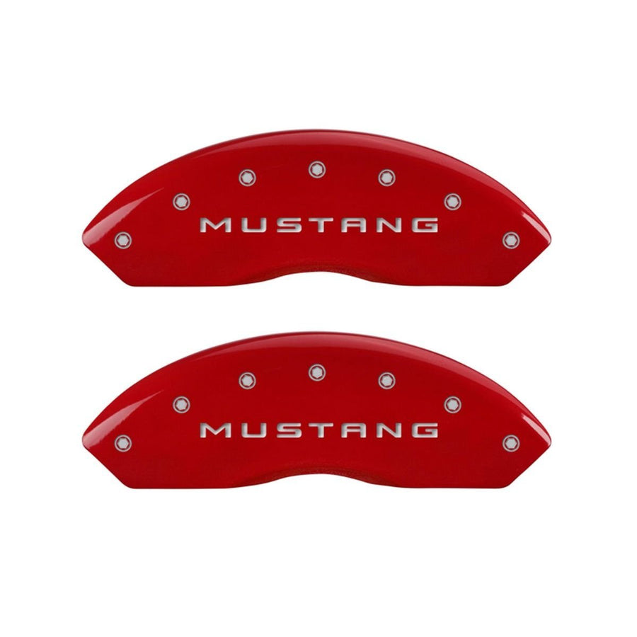 SET OF 4 CALIPER COVERS, REAR: 37, FRONT: MUSTANG- SILVER CHARACTERS, RED