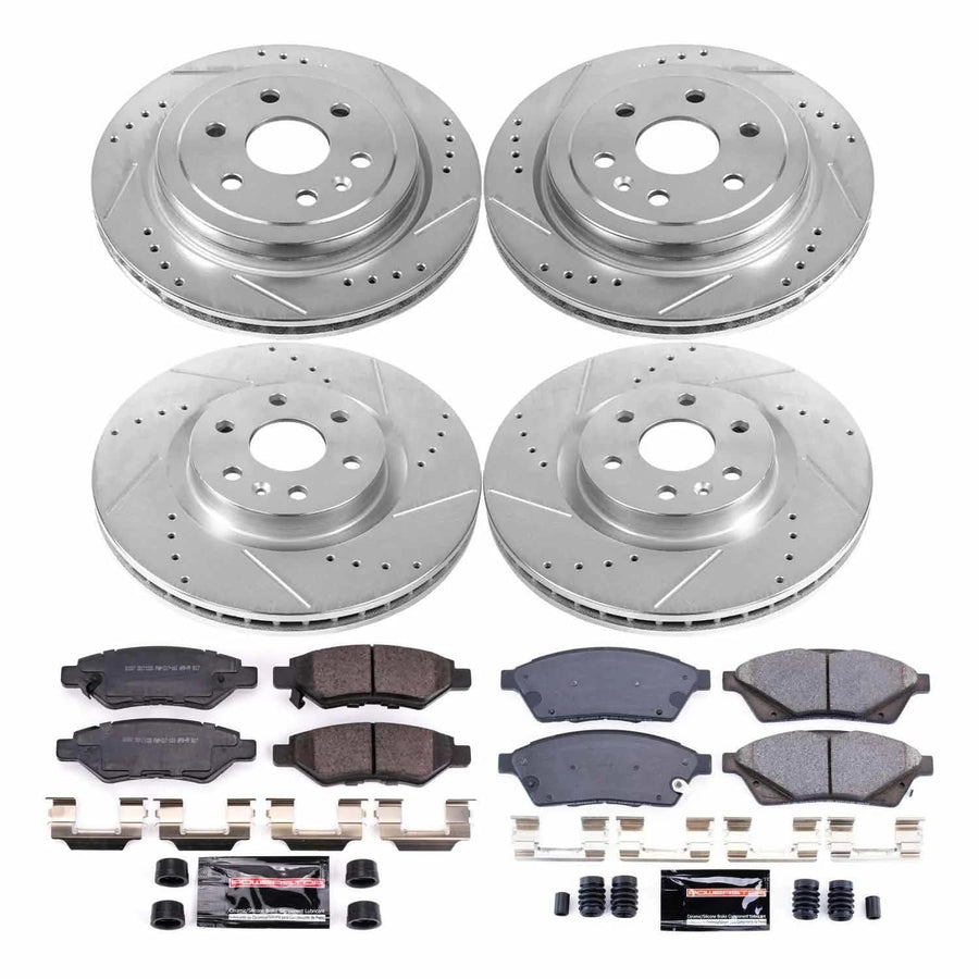 Power Stop K5546 Z23 Carbon Fiber Brake Pads Front and Rear with Drilled & Slotted Brake Rotors Kit For Cadillac SRX 2010-2016, Saab 9-4X 2011 [Model Specific]