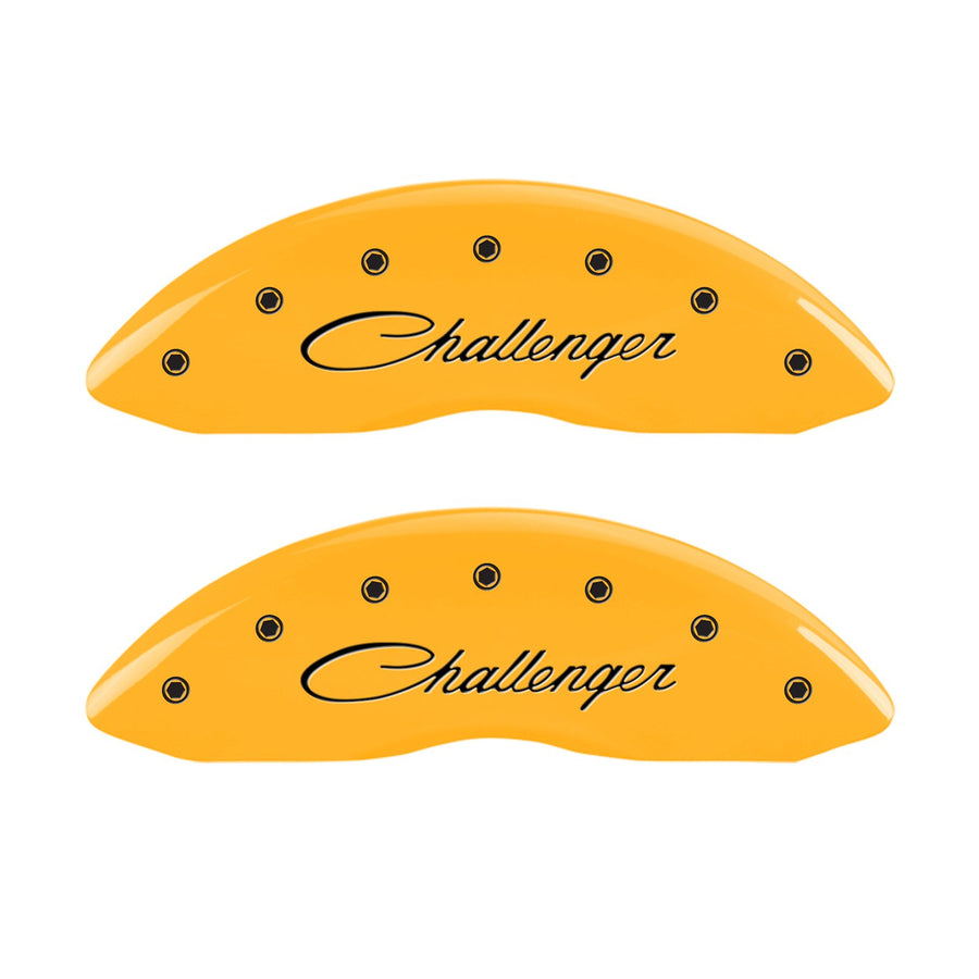 Brake Caliper Covers for 2011-2023 Dodge Challenger & 2011-2023 Dodge Charger - MGP Caliper Covers (Requires Dual Piston Front Caliper) Front and Rear Set - Engraved Cursive CHALLENGER Logo (Yellow)