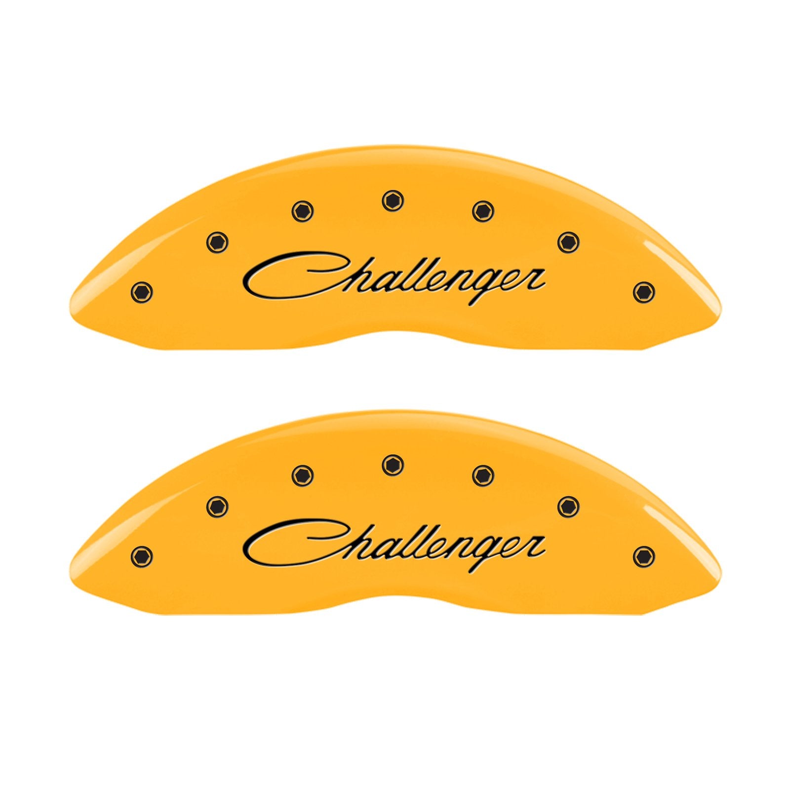 MGP Caliper Covers with Compatible 2011-2023 Dodge Charger and Challenger (Requires 18"+ Wheels & Single Piston Front Caliper) 4 PCS Front and Rear (Yellow - Challenger Cursive Engraving)