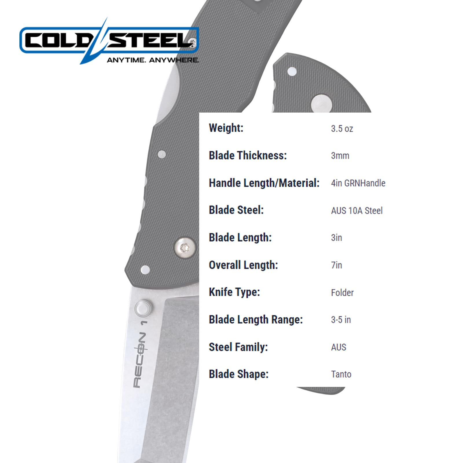 Mini Recon 1 COLD STEEL 3" AUS10A Tanto Point Blade 4" GFN Handle Folding Knife w/Tri-Ad Lock, Ambidextrous Pocket/Belt Clip