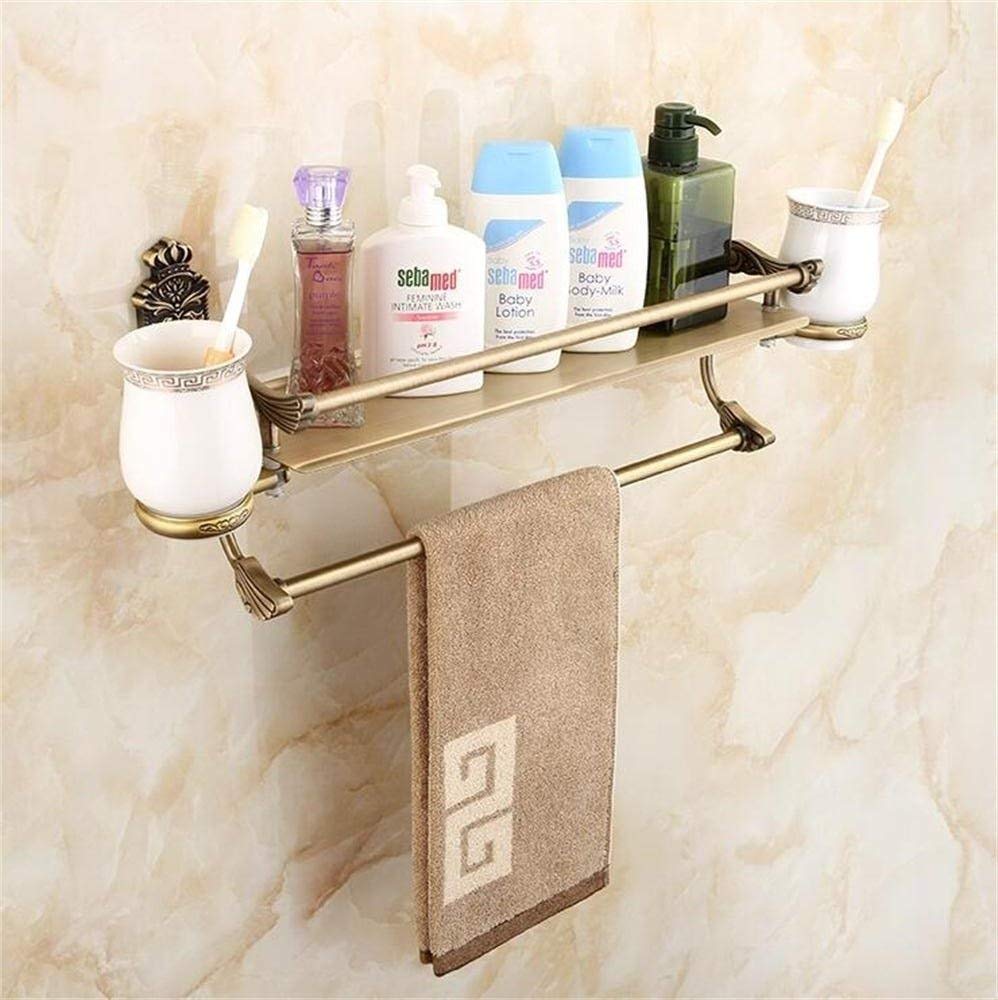 Multipurpose Antique Bathroom Shelf With Towel Bar And Toothbrush Holder, Brass, Brushed Craft, 51 * 24cm Bathroom Shelf