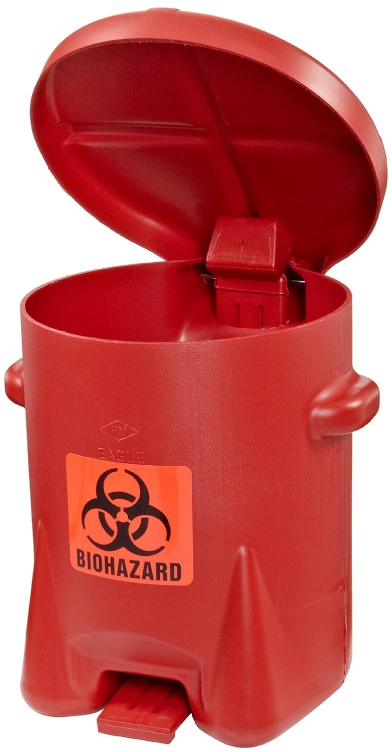 6 Gallon Eagle Biohazard Trash Can with Foot-Operated Self-Closing Lid, 16.5" x 13.5" x 16", Made in The USA from High-Density Polyethylene, Red, 943BIO