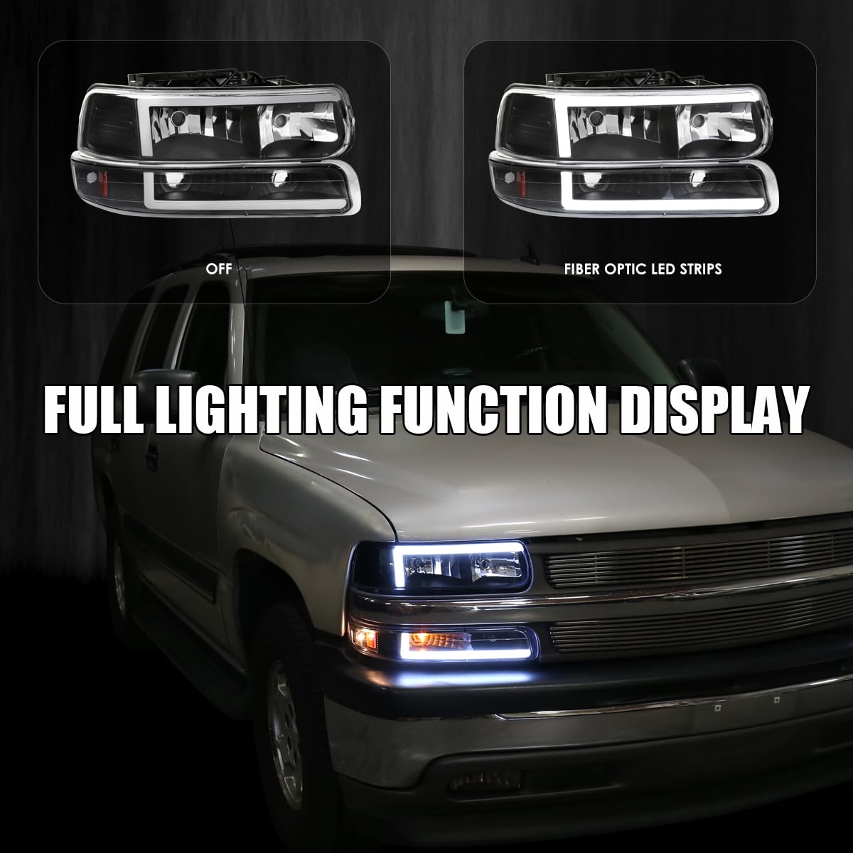 Black LED Bar Headlights + Bumper Lights SPEC-D TUNING Compatible with 1999-2002 Chevy Silverado 2000-2006 Tahoe Suburban, Left + Right Pair Headlamps Assembly