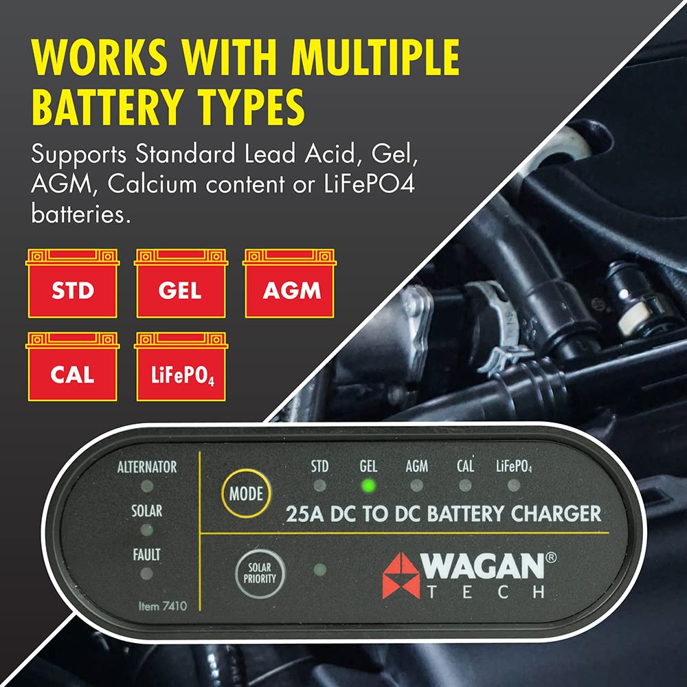 Wagan 12V EL7410 25A DC to DC Battery Charger with Solar Input MPPT Controller for SLA, Flooded, Gel, AGM, Calcium and Lithium, Using Multi-Stage Charging in RVs, Vehicles, Boats and Yachts