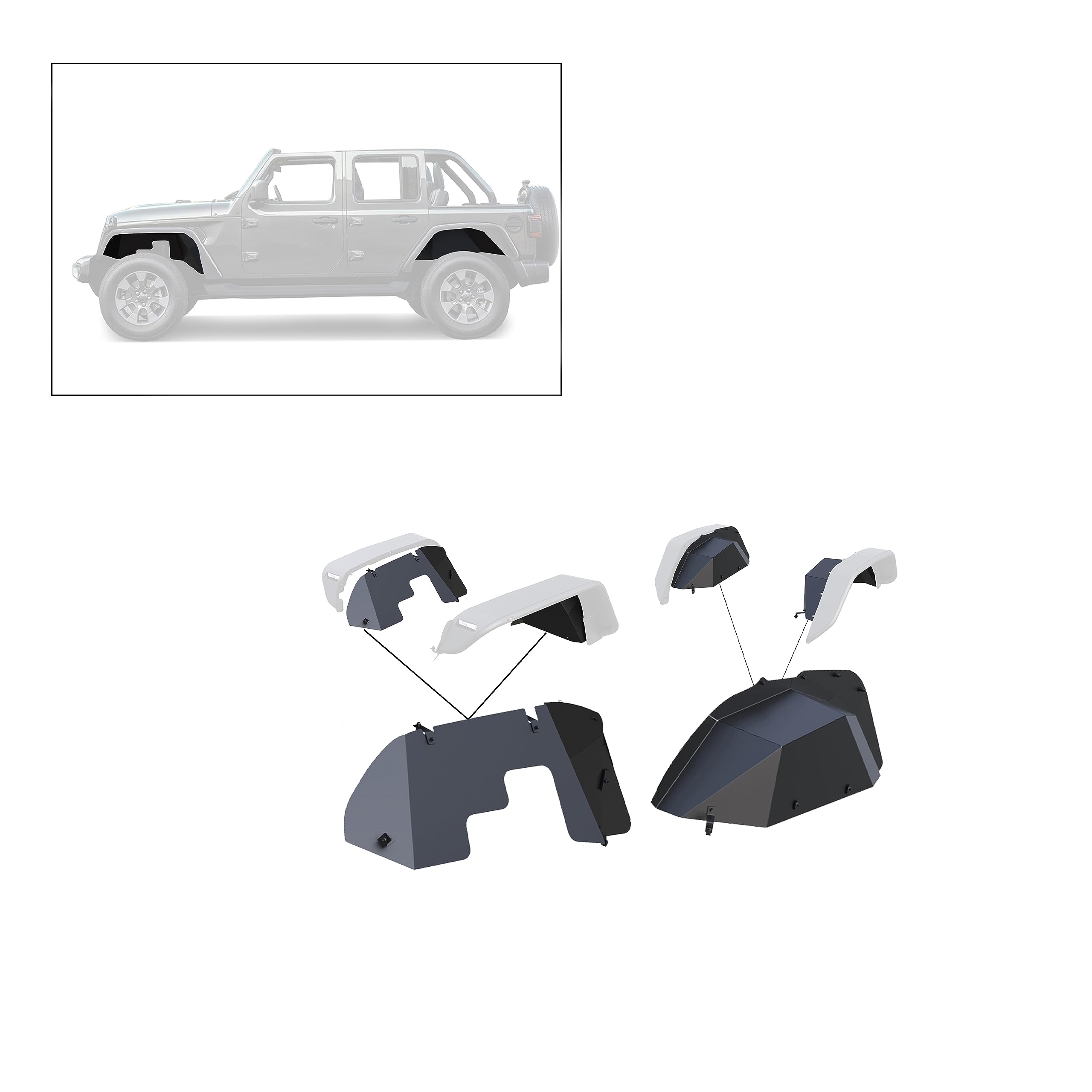 Full Set Black Horse Inner FENDER FLARES Liners - Front & Rear Matte Black Compatible with 2018-2024 Jeep Wrangler-TFFJL4