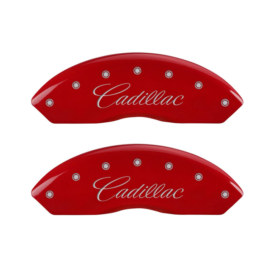 Caliper Covers MGP - Brake Caliper Covers Compatible with 2017-2020 Cadillac XT5, 2020 XT6 (Requires 18"+ Wheels) Powder-Coated Finish, 4 PCS Front and Rear (Red - Cadillac Cursive Engraving)