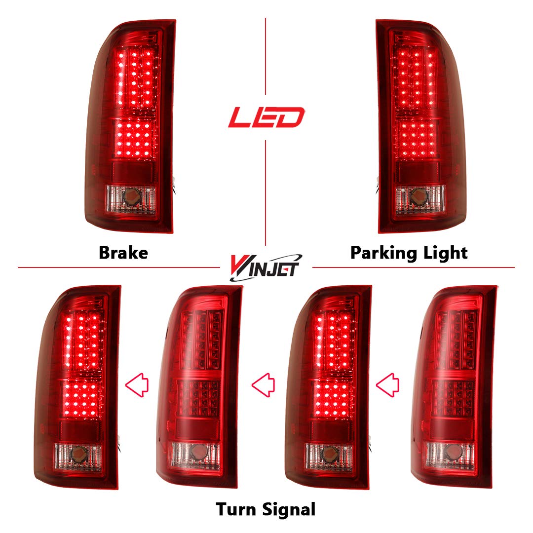 LED Taillights Winjet for [2007-2013 Chevy Silverado 1500] [2007 2008 2009 2010 2011 2012 2013 2014 Silverado 2500/3500] Rear Lamps Driver and Passenger Side Clear Red