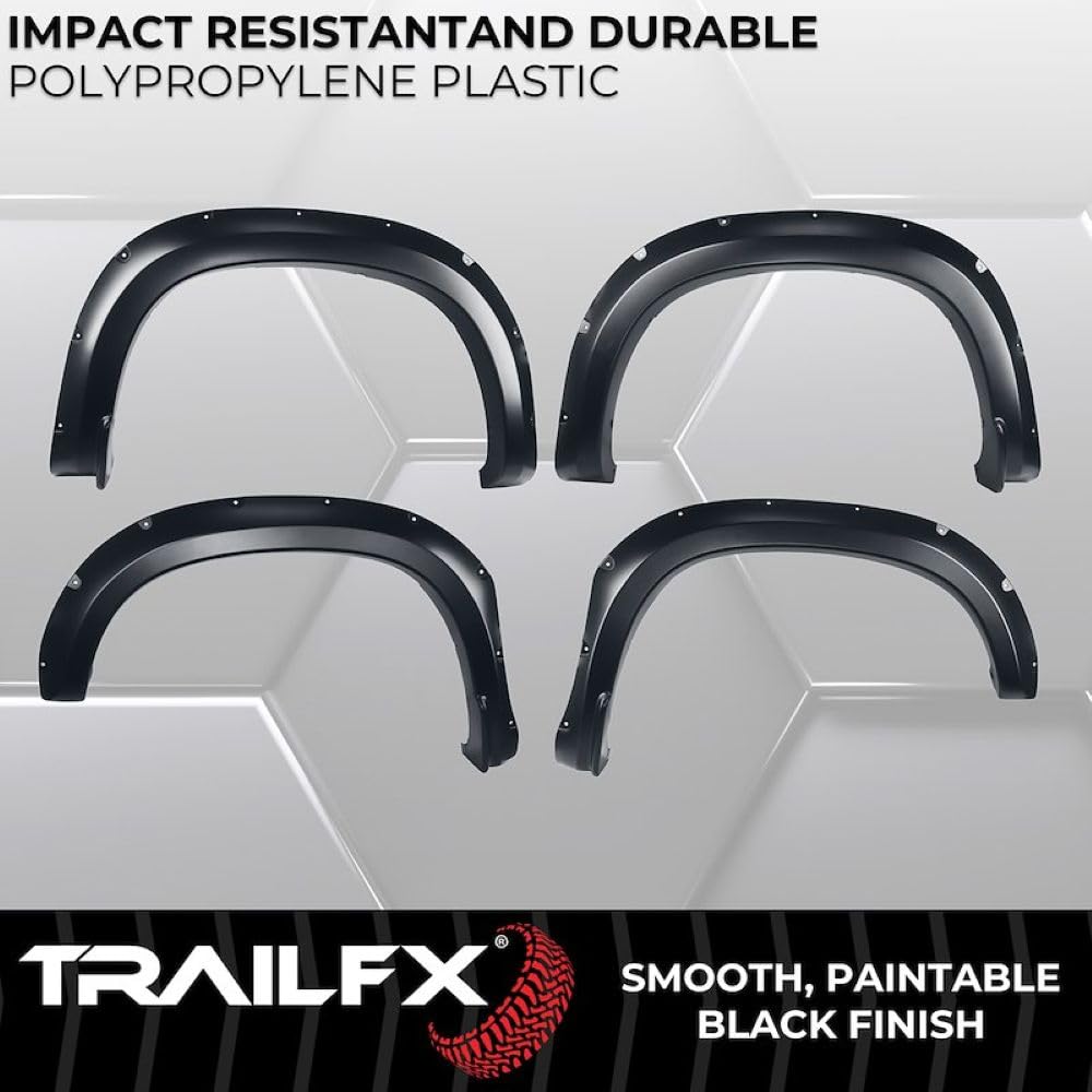 TrailFX Pocket Style TFC3005S Fender Flares for Chevrolet Silverado 1500 2019-2025 Black Smooth Paintable Polypropylene Set of 4 with Stainless and Black Steel Rivets