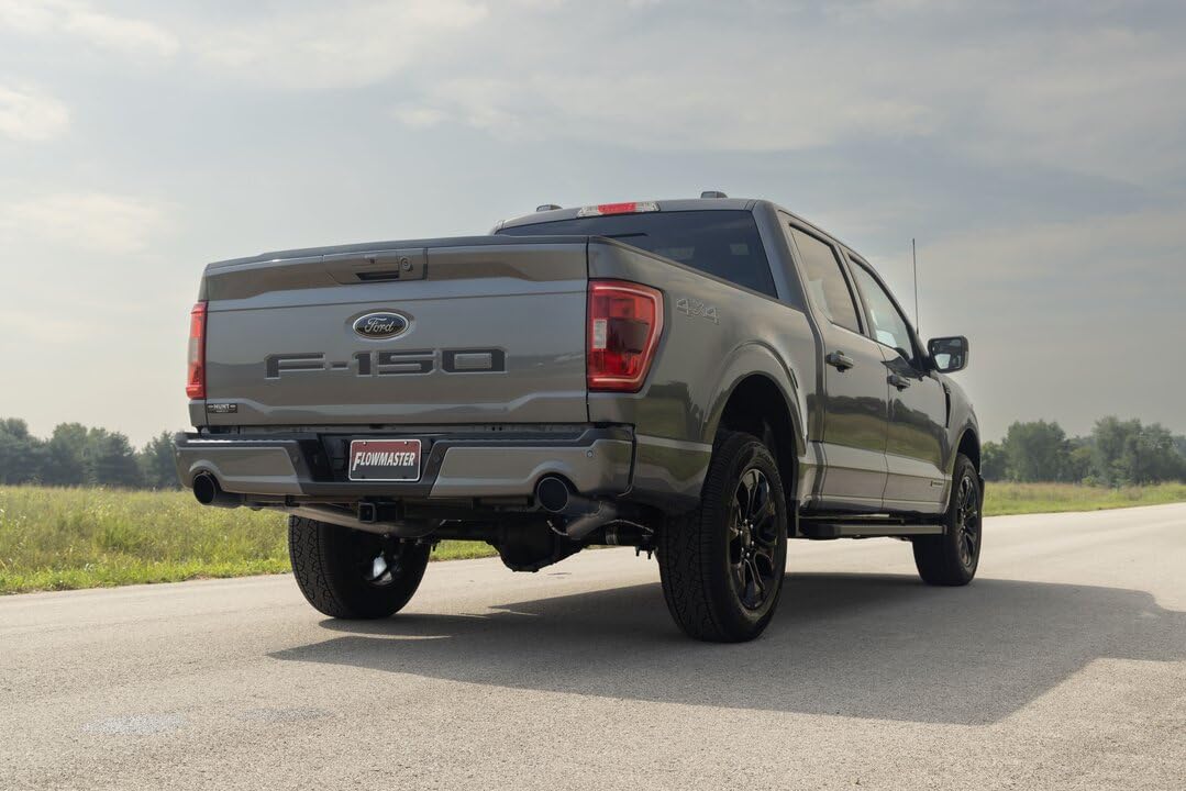 Outlaw Series Flowmaster 818168 Cat-Back Exhaust 3 Inch In Dual 2.5 Out 409 Stainless Steel 4.5 Inch Black Tips Compatible with 2021-2025 Ford F-150 2.7 3.5 5.0L PowerBoost and non-hybrid Factory Dual