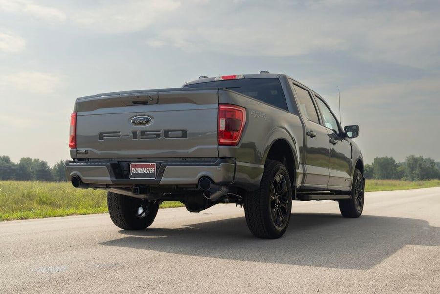 Outlaw Series Flowmaster 818168 Cat-Back Exhaust 3 Inch In Dual 2.5 Out 409 Stainless Steel 4.5 Inch Black Tips Compatible with 2021-2025 Ford F-150 2.7 3.5 5.0L PowerBoost and non-hybrid Factory Dual