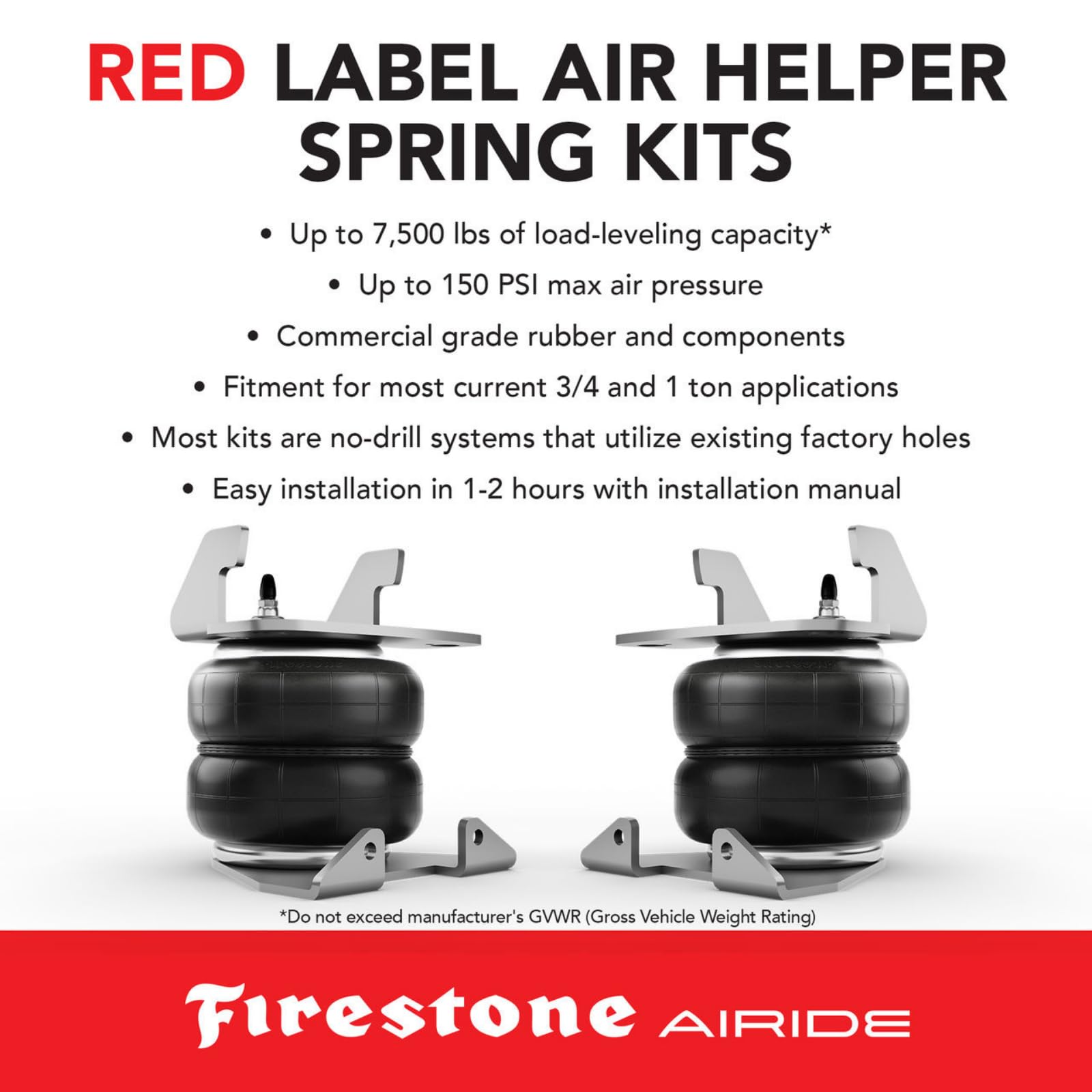 Firestone 2715 Airide Red Label Rear Springs Kit fits 2012-2025 C3500HD Cab-Chassis | 5-150 PSI | Load Capacity of 7,500 Pounds | No Drill Installation