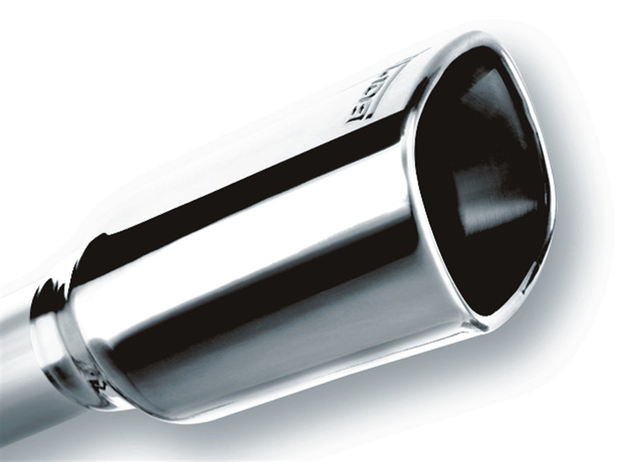 BORLA Exhaust Tip 2.25" Inlet - 3.5" x 3.28" Single Square Rolled-Edge Angle-Cut Outlet - 7.88" Long Exhaust Tip Embossed With BORLA Logo. Weld On Mounting Method.