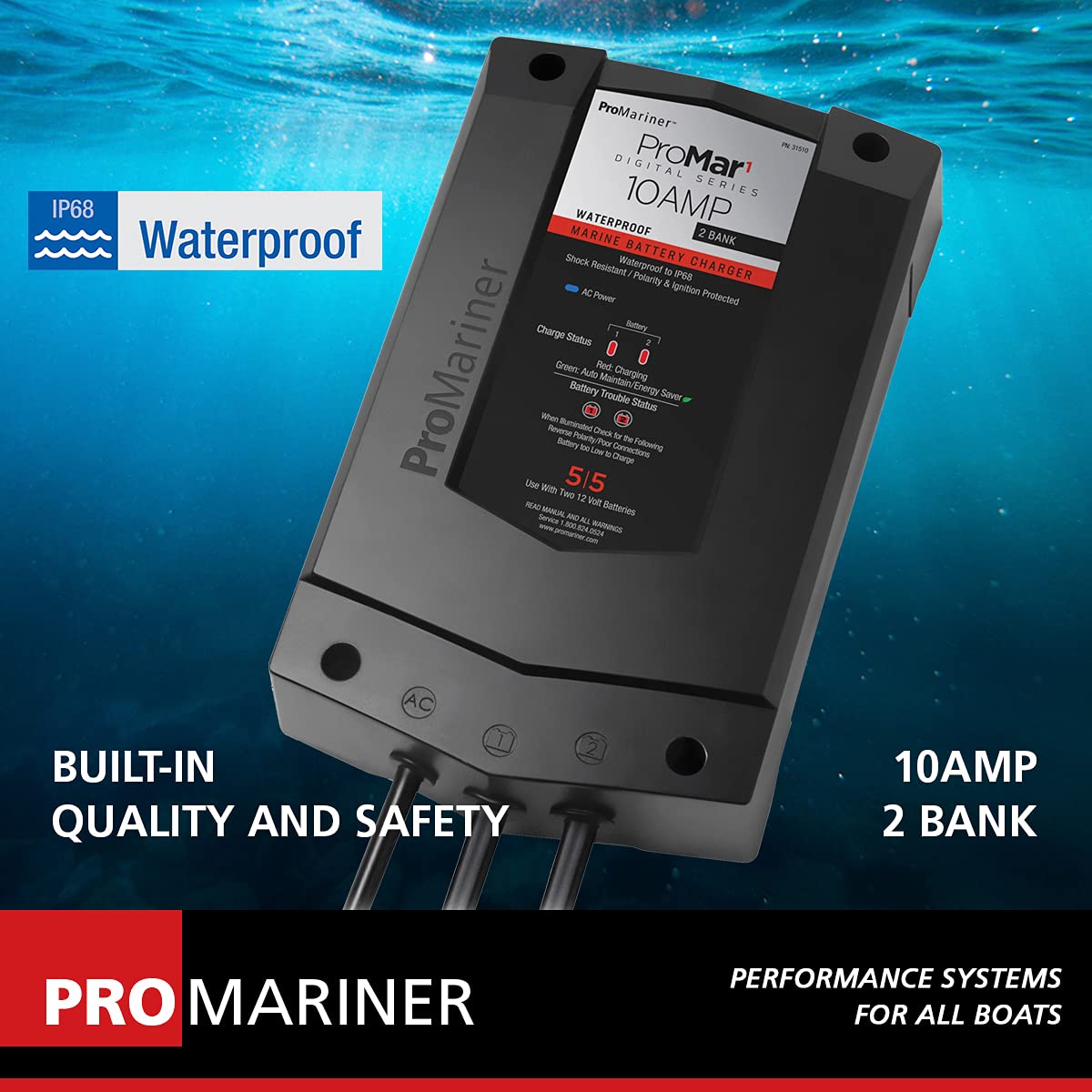 ProMariner Batt Chgr, 12V 10A, ProMar1 DS, 2 Bank
