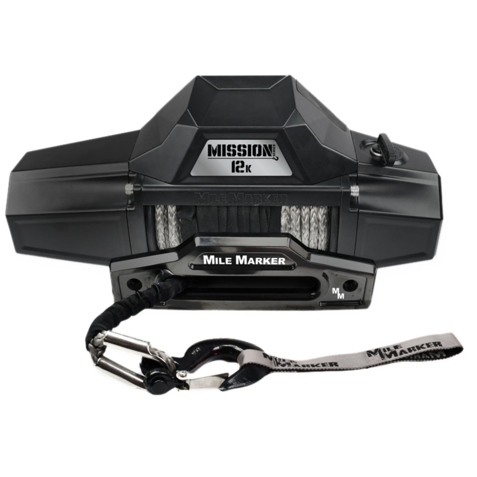 Mission Series Mile Marker 78-53251 Covert Black 12 Volt 12,000 Pound Electric Winch with 92' Synthetic Rope - Rugged Heavy Duty Solenoid - Fully Submersible