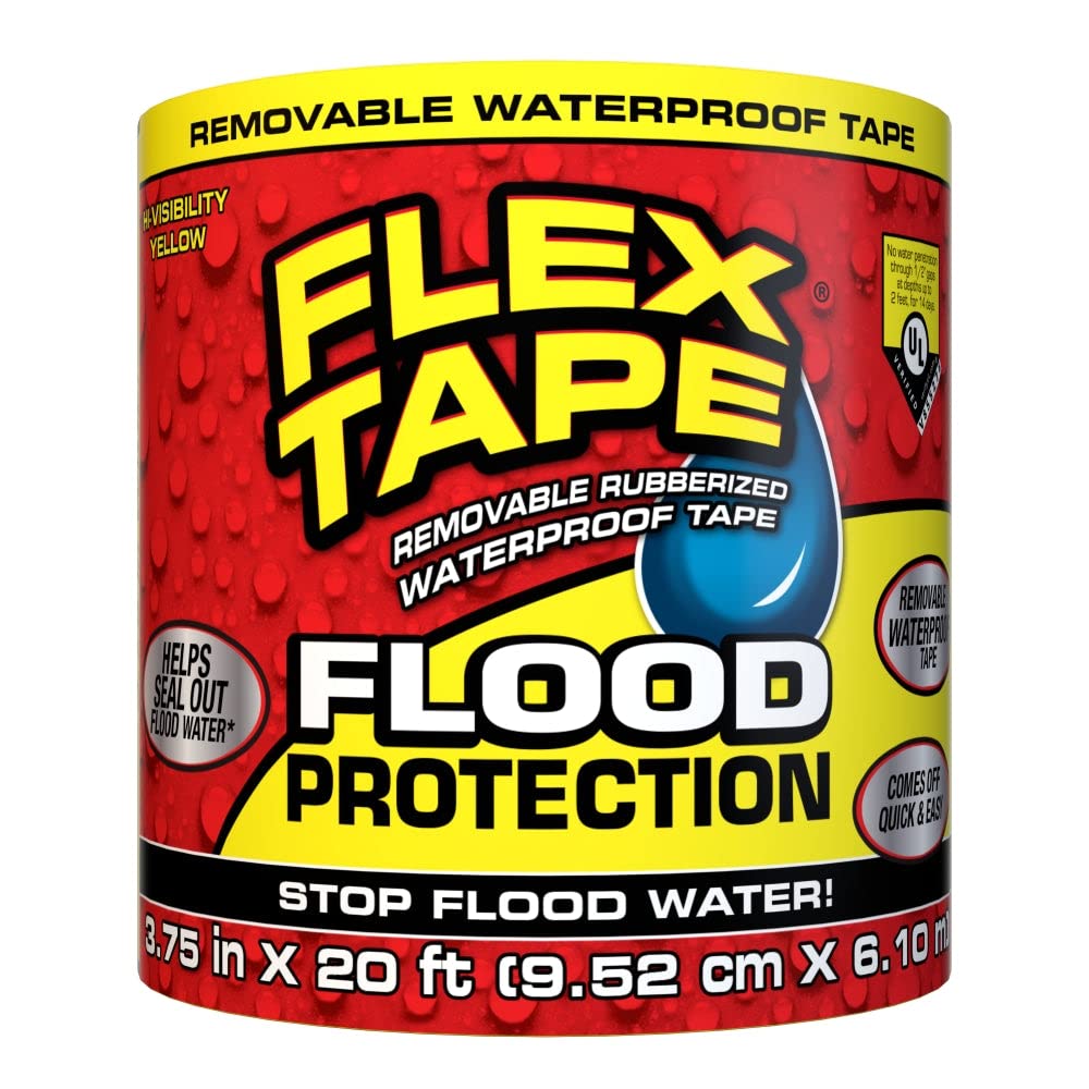 Flood Protection Flex Tape, 3.75 in x 20 ft, Waterproof Rubberized Tape, Removable, Use on Windows, Doors, Garage Doors, Casings, Thresholds, Conduits, Vents, Ducts