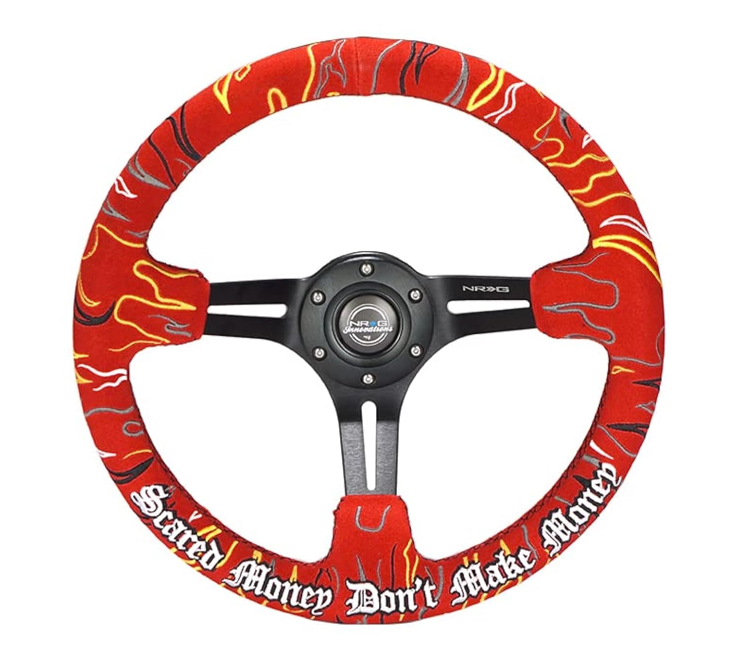 NRG Innovations Reinforced Steering Wheel NRG-RST-018MB-RLR, 3" Deep, 5 mm Black Spoke with Slit Spokes, Red Alcantara, Red Stitching
