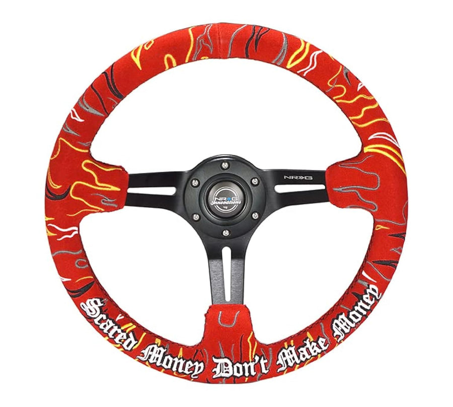 NRG Innovations Reinforced Steering Wheel NRG-RST-018MB-RLR, 3" Deep, 5 mm Black Spoke with Slit Spokes, Red Alcantara, Red Stitching