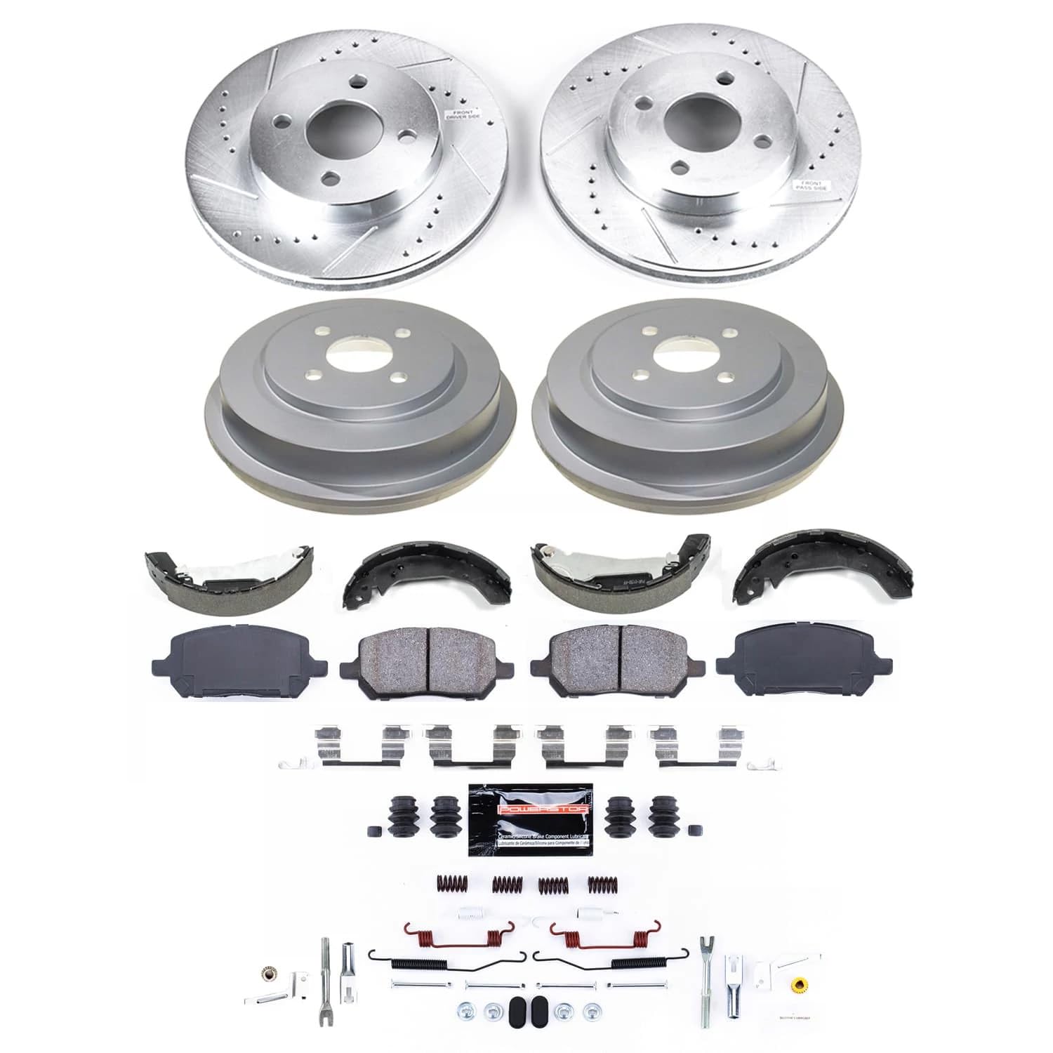 POWERSTOP Z23 Carbon-Fiber Ceramic Brake Pads and Drilled Slotted Rotors Brake Kit Front and Rear with Brake Shoes and Drums For Chevrolet Cobalt 2009-2010, Pontiac G5 2009-2010 [Vehicle Specific]
