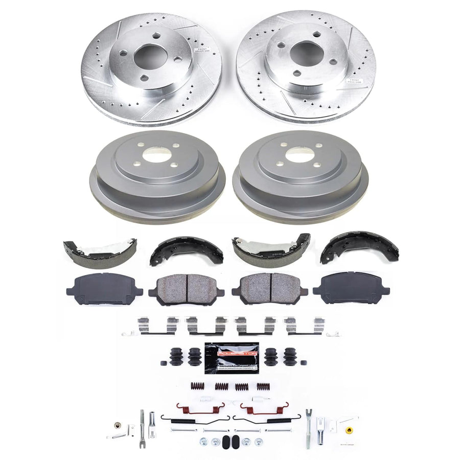 POWERSTOP Z23 Carbon-Fiber Ceramic Brake Pads and Drilled Slotted Rotors Brake Kit Front and Rear with Brake Shoes and Drums For Chevrolet Cobalt 2009-2010, Pontiac G5 2009-2010 [Vehicle Specific]