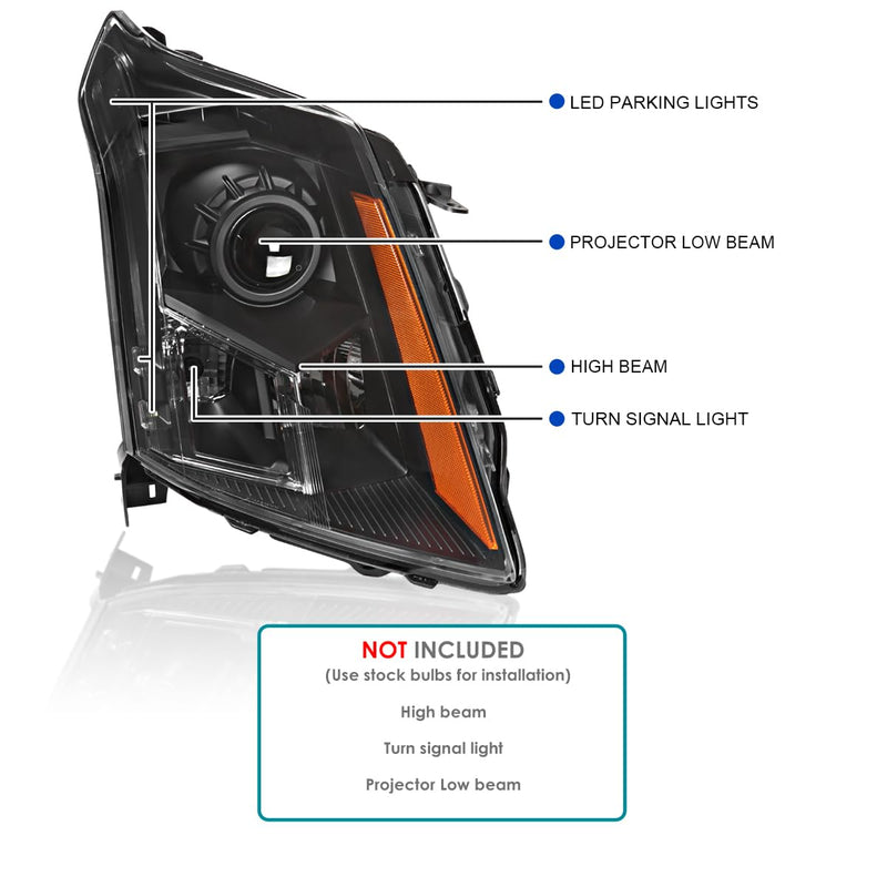 Black Projector Headlights SPEC-D TUNING Compatible with 2010-2016 Cadillac SRX, Left + Right Head Lamps Assembly