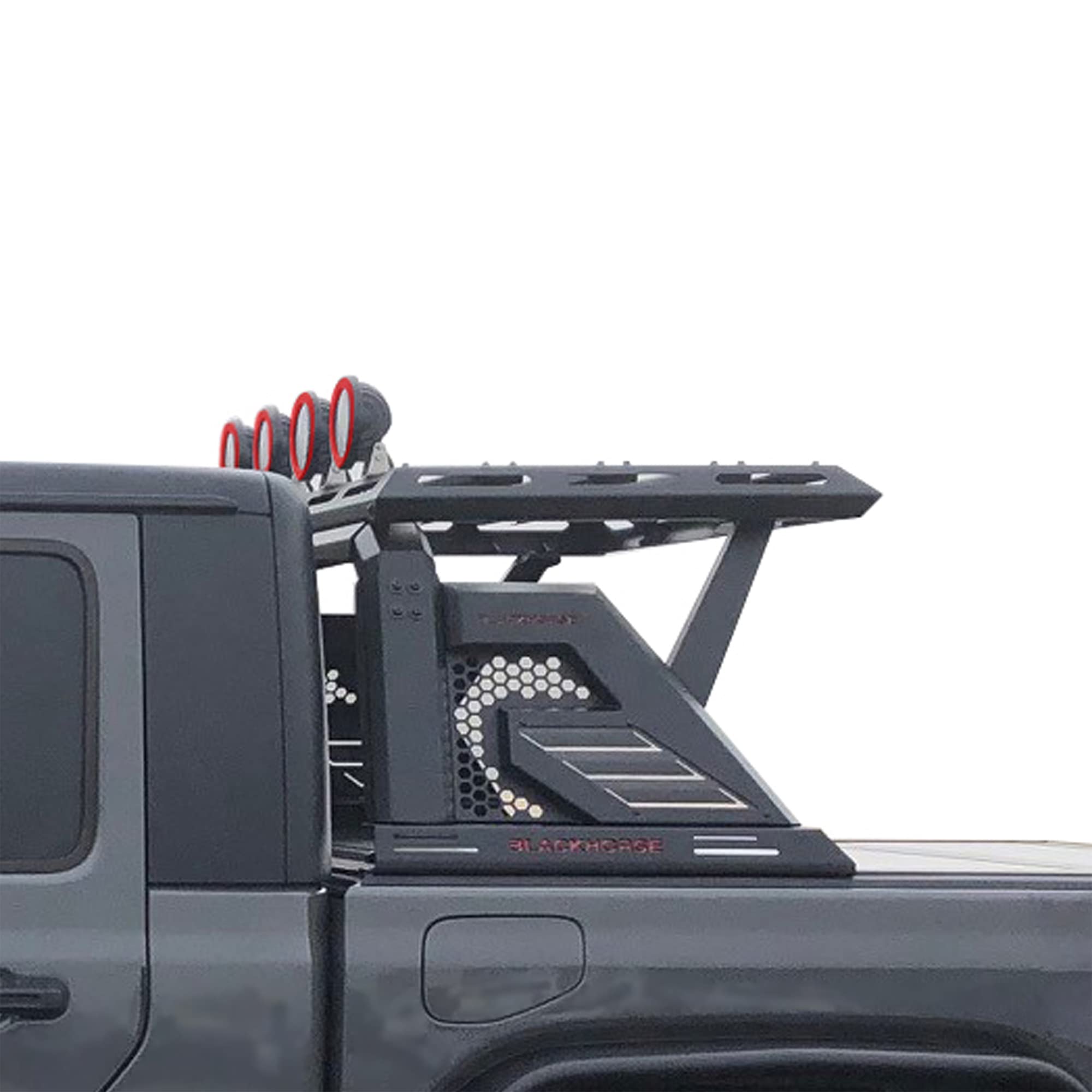 Armour II Black Horse Roll Bar W/Basket Incl. Set of 5.3" Dia.Led Lights w/Red Trim Rings Compatible with 2005-2024 Toyota Tacoma-AR2-03BA3-PLFR