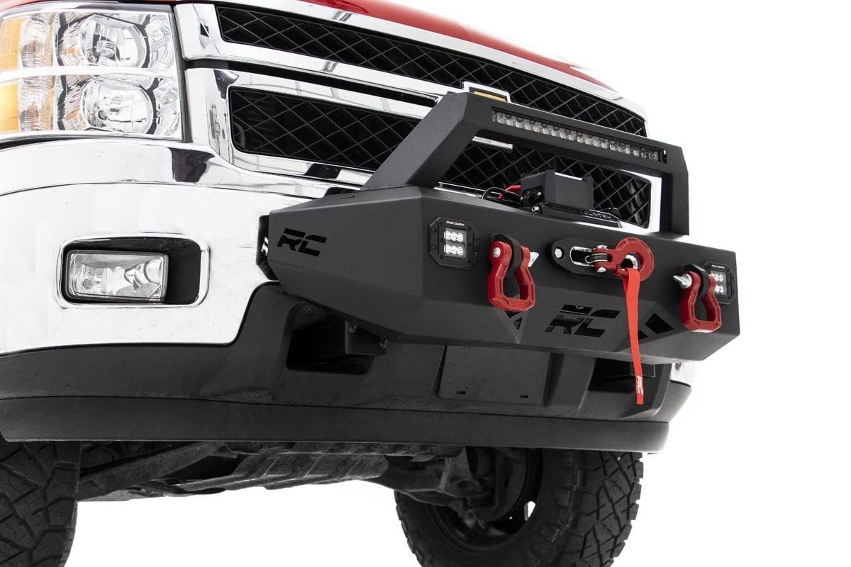 Rough Country Winch Mount System EXO for Chevy Silverado 2500HD/3500HD (2011-2019) - Includes 20-in LED Light Bar, Dual 2-in LED Cubes, D-Rings