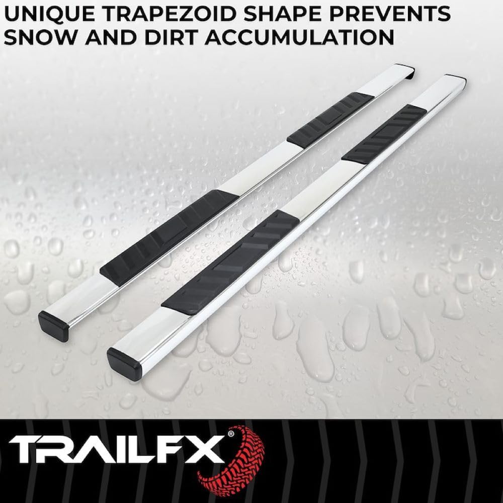 Trapezoid Trailfx Nerf Bars for 2019-2025 Ram 1500 Crew Cab Polished Stainless Steel Side Steps with Step Pads 4 Inch Rocker Panel Mount Set of 2 Running Boards A4015S
