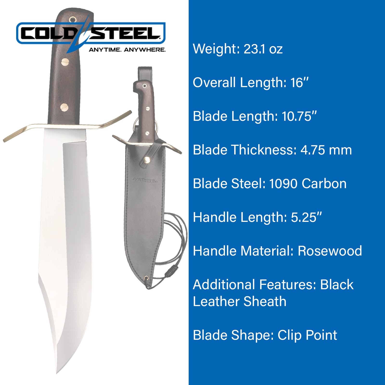 Wild West Ameristep Bowie 10.75" 1090 High-Carbon Steel Clip Point Blade 5.25" Rosewood Handle Fixed Blade Knife w/Leather Sheath