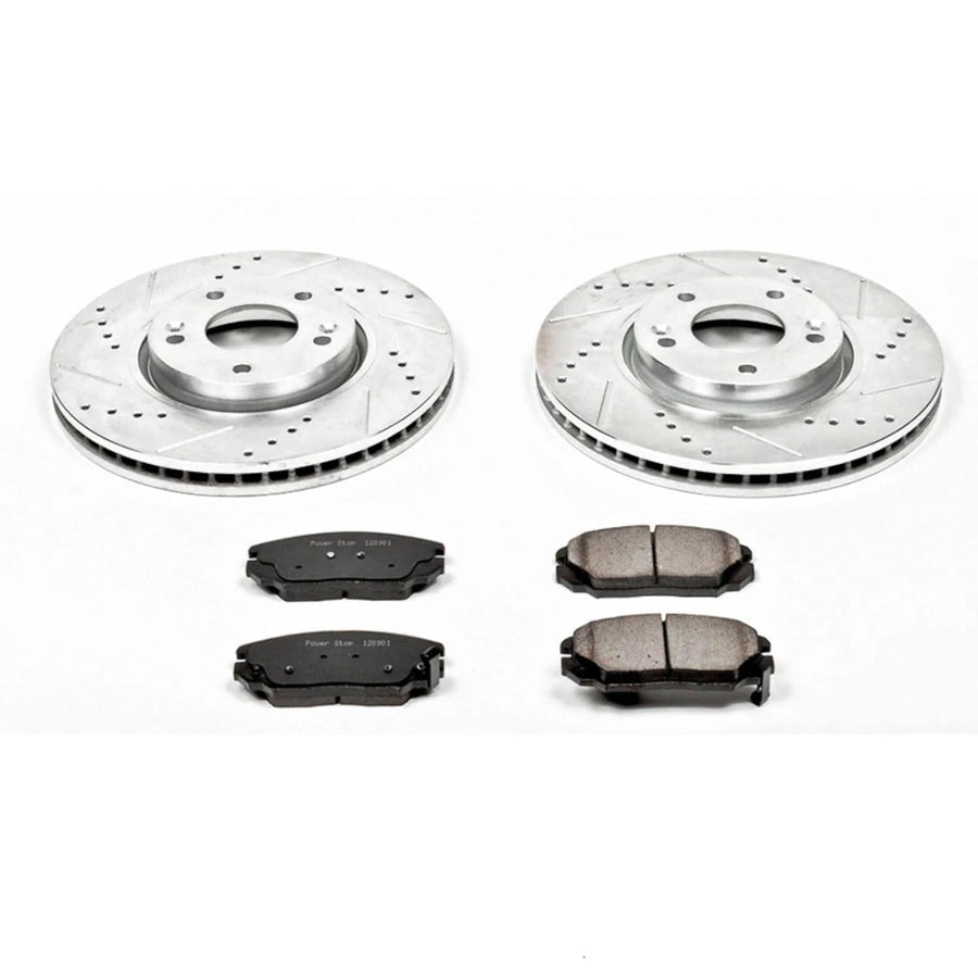 Power Stop K4647 Z23 Carbon Fiber Brake Pads with Drilled & Slotted Brake Rotors Kit For Hyundai Sonata 2006-2010 [Model Specific]