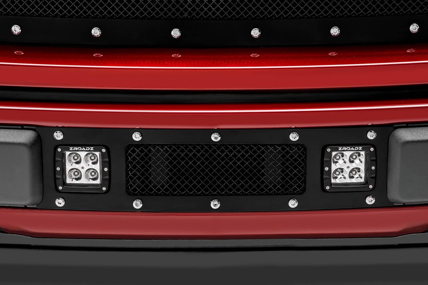T-Rex Grilles Torch Bumper Grille 2018-2020 F-150 Limited, Lariat, Black, 1 Pc, Replacement, Chrome Studs with (2) 3 Inch LED Cube Lights - PN #6325791