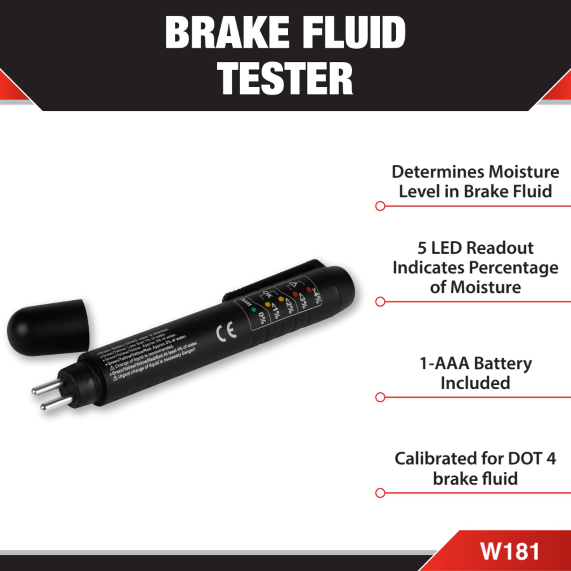 Brake Fluid Moisture Tester Performance Tool W181 - 5 LED Readout, Calibrated for DOT 4, Portable with AAA Battery Included, Not for use on DOT 5