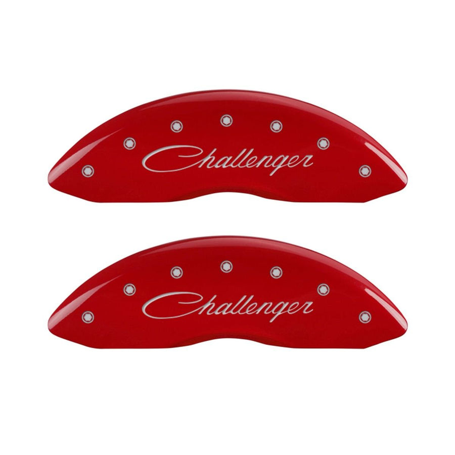 SET OF 4 CALIPER COVERS, FRONT: CHALLENGER/CURSIVE- REAR: RT, RED, SILVER CHARACTERS
