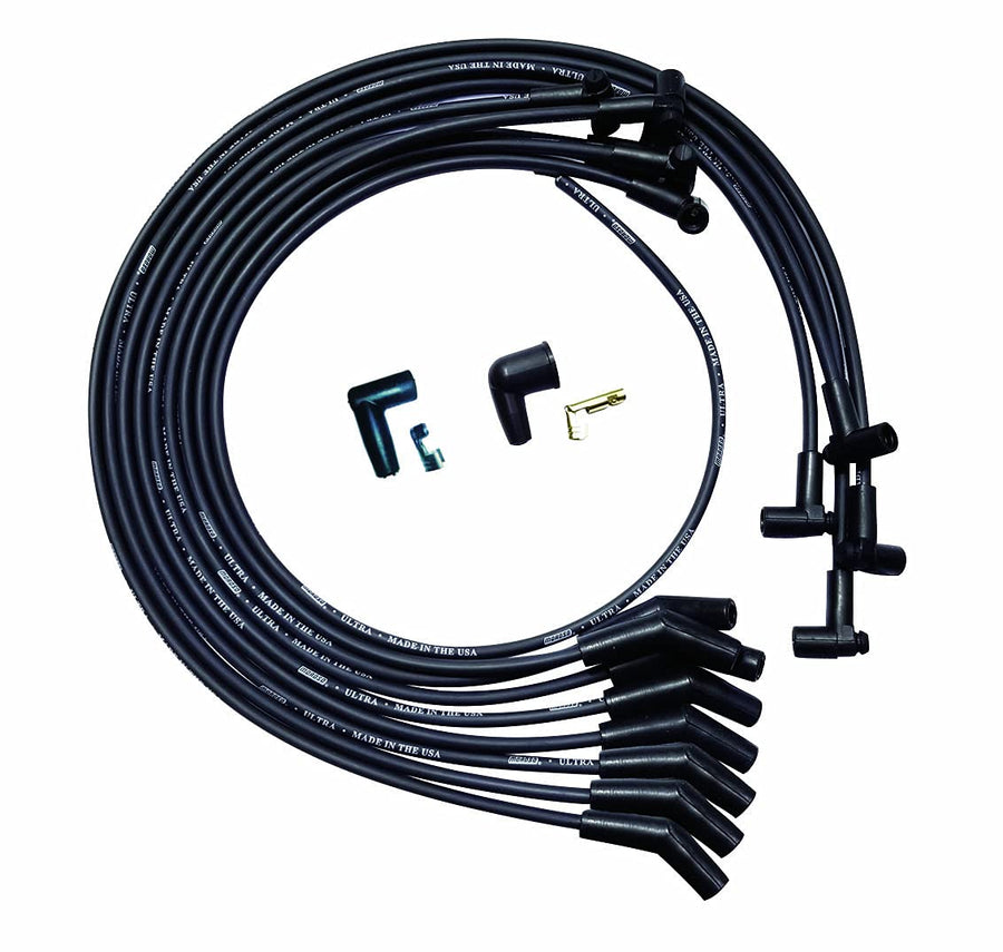 Moroso Ultra Series Black Spark Plug Wires, Small Block Chevy, Under Header Routing, 90 Degree Plug Ends, Non HEI Distributor