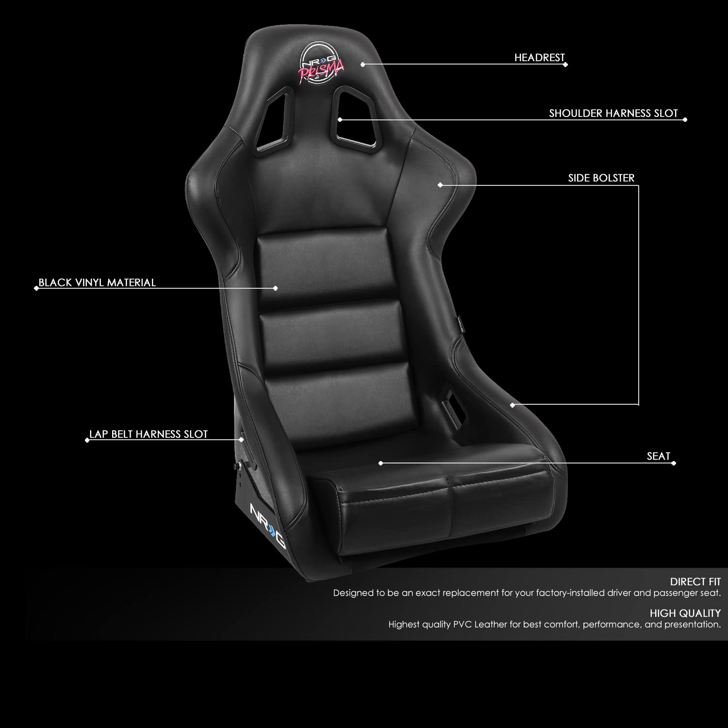 Bucket Racing Seat NRG Innovations FRP-302BK-V Double Layer FRP Black Vinyl Wrapped Mixed-density Foam 5 Point Harness Compatibility