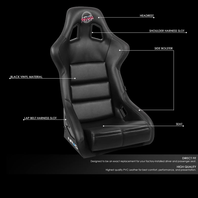 Bucket Racing Seat NRG Innovations FRP-302BK-V Double Layer FRP Black Vinyl Wrapped Mixed-density Foam 5 Point Harness Compatibility