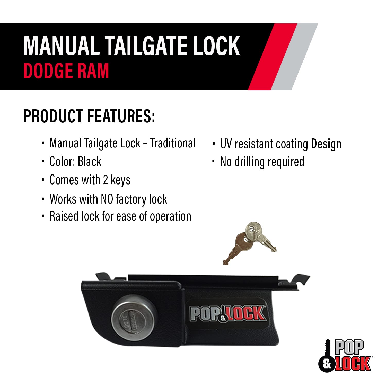 Manual Tailgate Lock – Pop & Lock for Dodge Ram 1500, 2500, and 3500, Fits 2002 to 2008 (Chrome, PL3400C, Works with No Factory Lock)