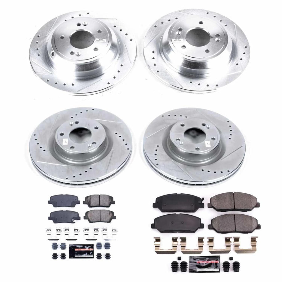 Power Stop K5922 Z23 Carbon Fiber Brake Pads Front and Rear with Drilled & Slotted Brake Rotors Kit For Hyundai Genesis 2009 [Model Specific]