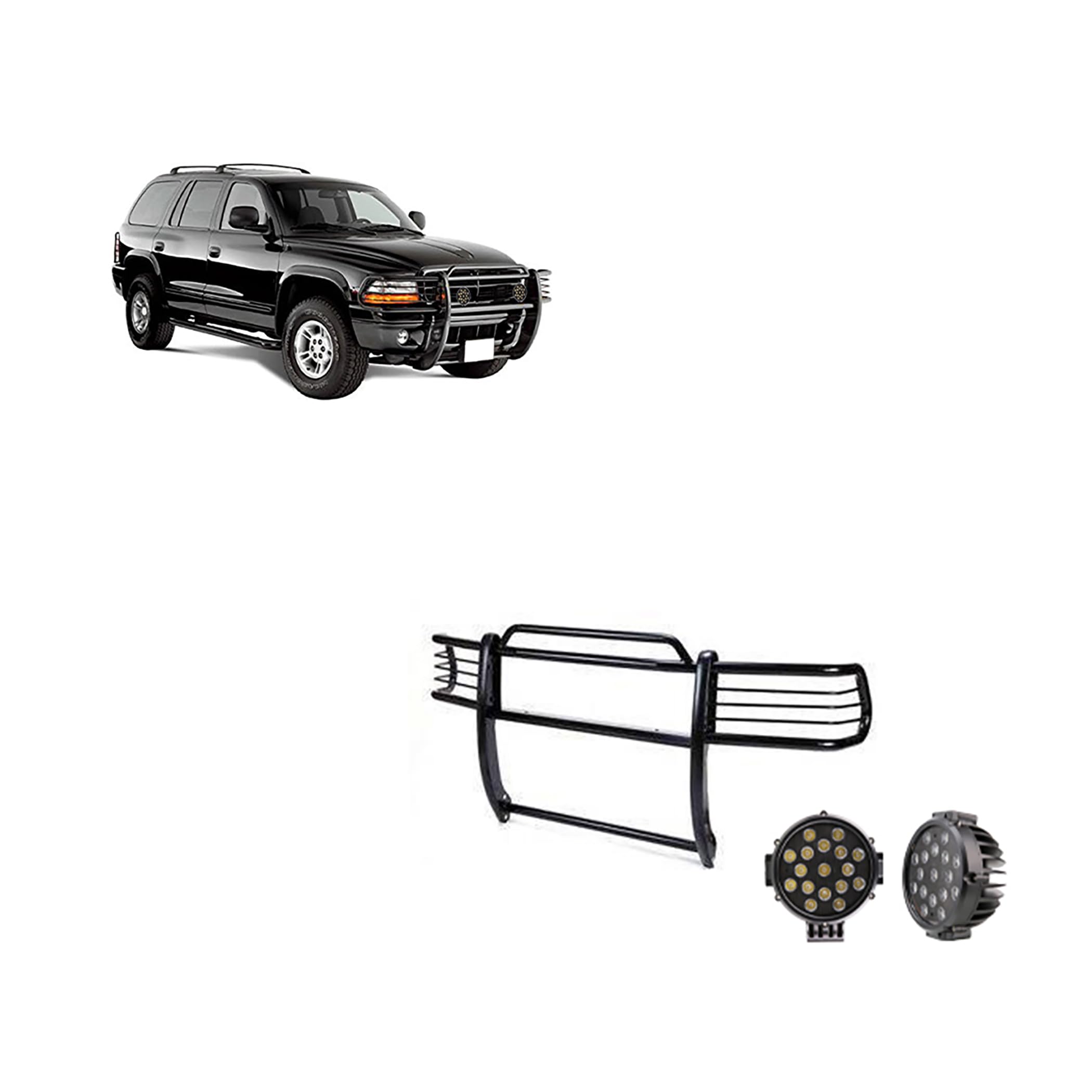 Bumper Guard Modular Black Horse Grille brush Come With pair of 7.0"Dia.LED Lights with Black Trim Rings Compatible with 1997-2004 Dodge Dakota|2000-2003 Dodge Durango-17BH23MA-PLB