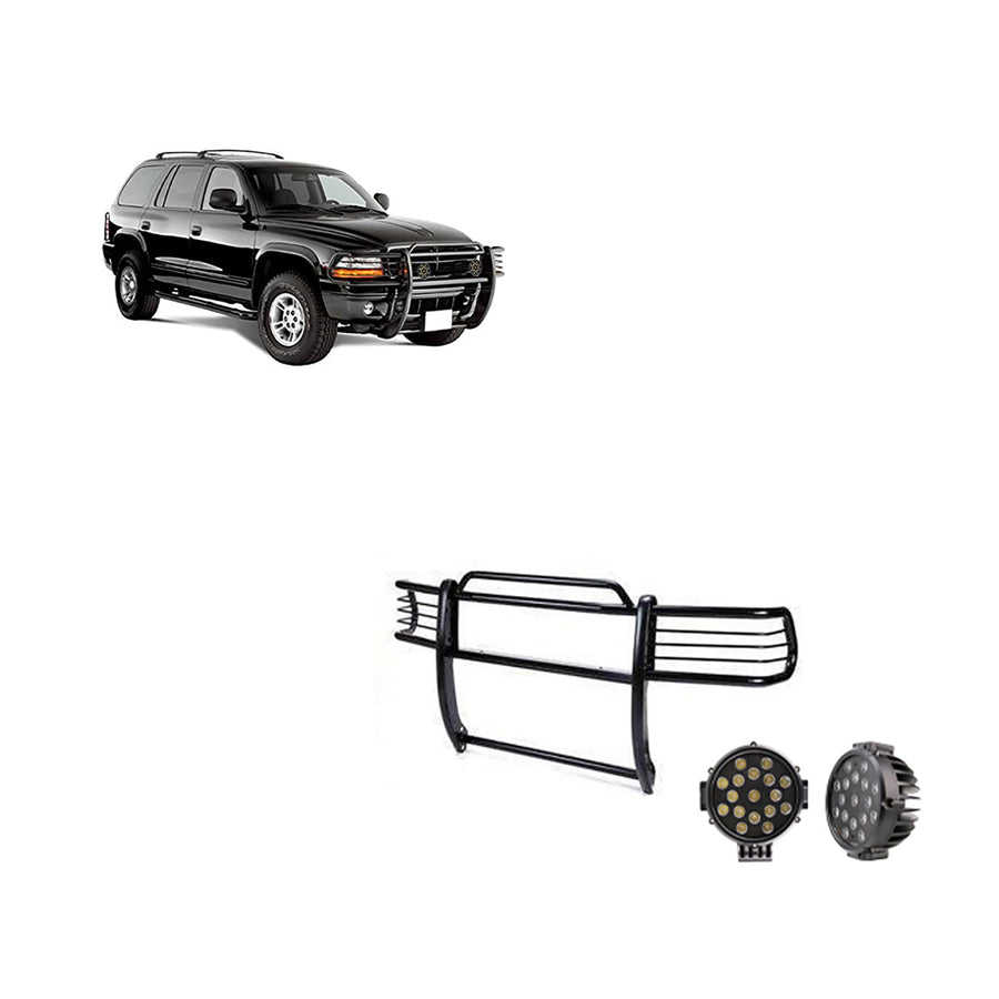 Bumper Guard Modular Black Horse Grille brush Come With pair of 7.0"Dia.LED Lights with Black Trim Rings Compatible with 1997-2004 Dodge Dakota|2000-2003 Dodge Durango-17BH23MA-PLB