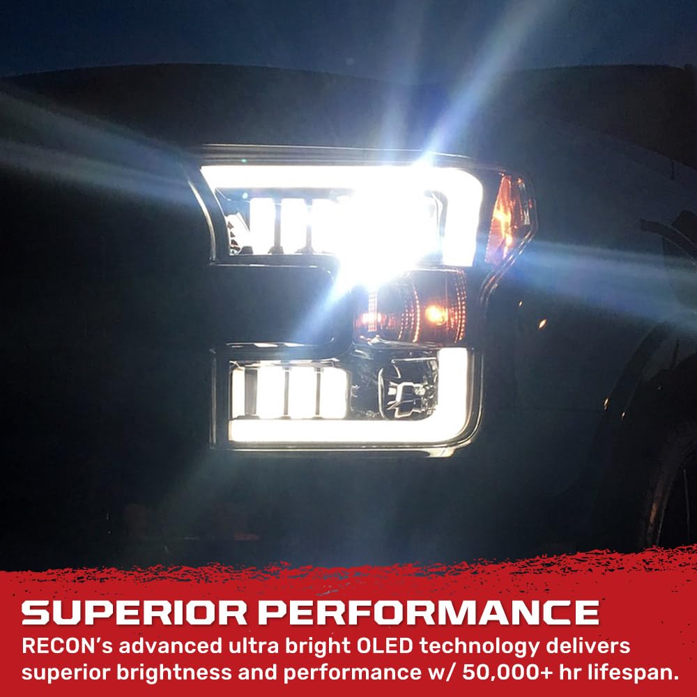 RECON - Projector Headlights Fits Ford 15-17 F150 Truck (Replaces Factory Halogen Headlights Only) with Ultra Bright White OLED DRL Smoked & Clear Lens Style