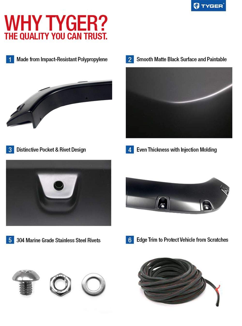 Tyger Auto TG-FF8D4138 Fender Flare Set for 2010-2018 Dodge Ram 2500 3500 (ONLY Fit Fleetside Models with 76.3" & 98.3" Bed) | Paintable Smooth Matte Black Pocket Bolt-Riveted, 4 Piece