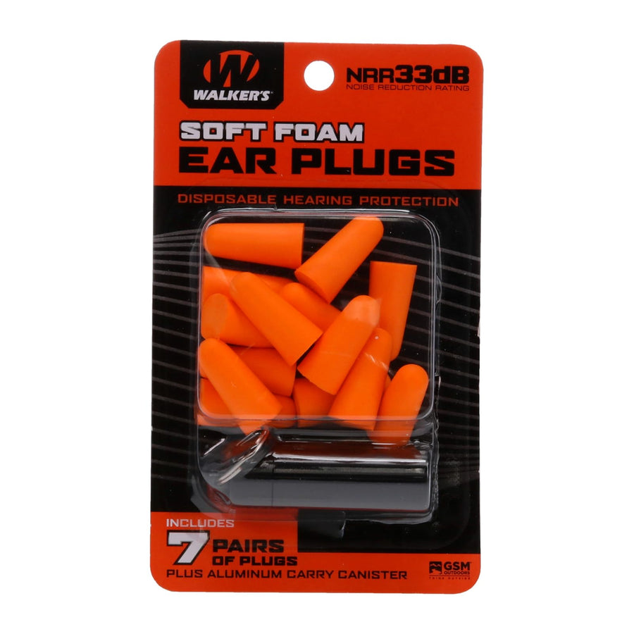 7 Pairs Walker's Neon Orange Foam Ear Plugs with Black Aluminum Canister