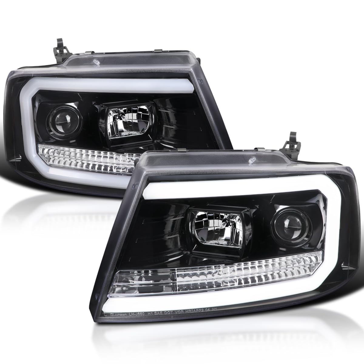 Jet Black LED Tube Projector Headlights SPEC-D TUNING Compatible with 2004-2008 Ford F-150, 2006-2008 Lincoln Mark LT, Left + Right Pair Headlamps Assembly