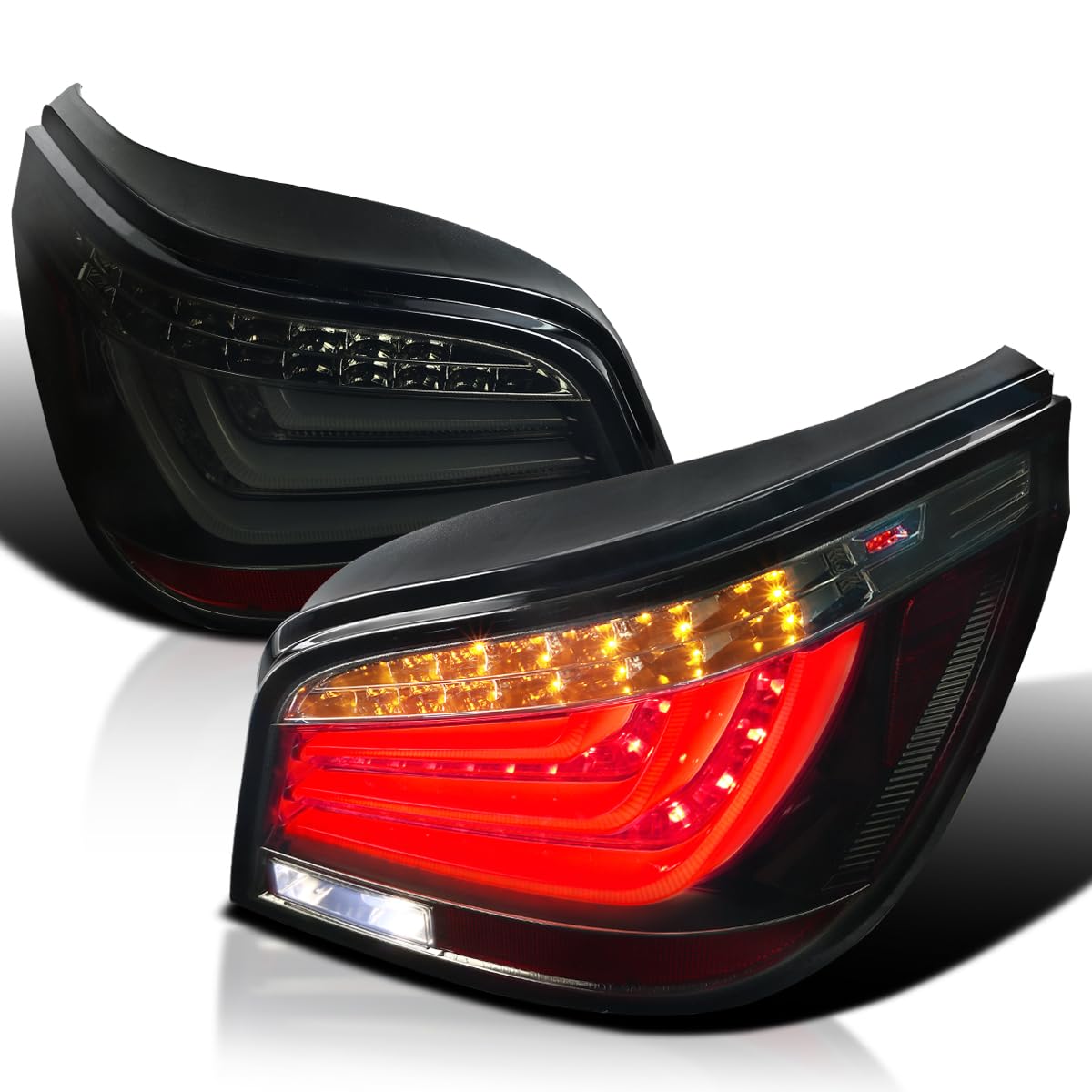 Glossy Black Smoke LED Bar Tail Lights SPEC-D TUNING Compatible with 2008-2010 BMW E60 5-Series 4 Door, Left + Right Pair Assembly